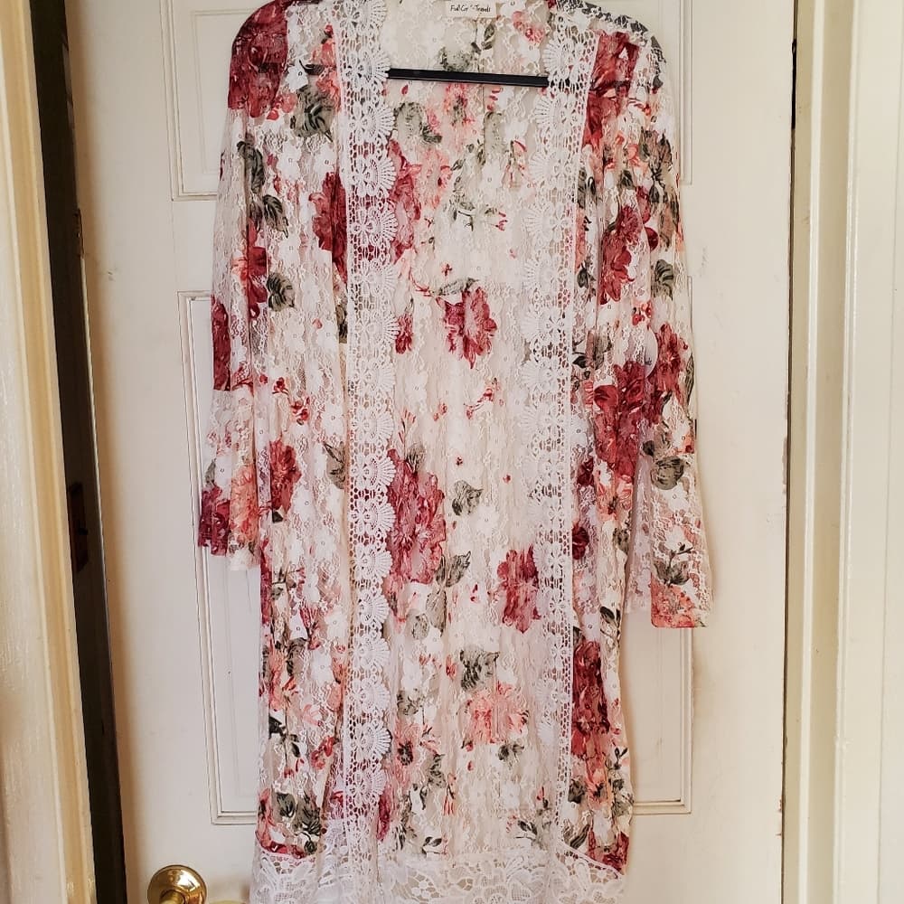 Pink White Floral Kimono - Thumbnail 8