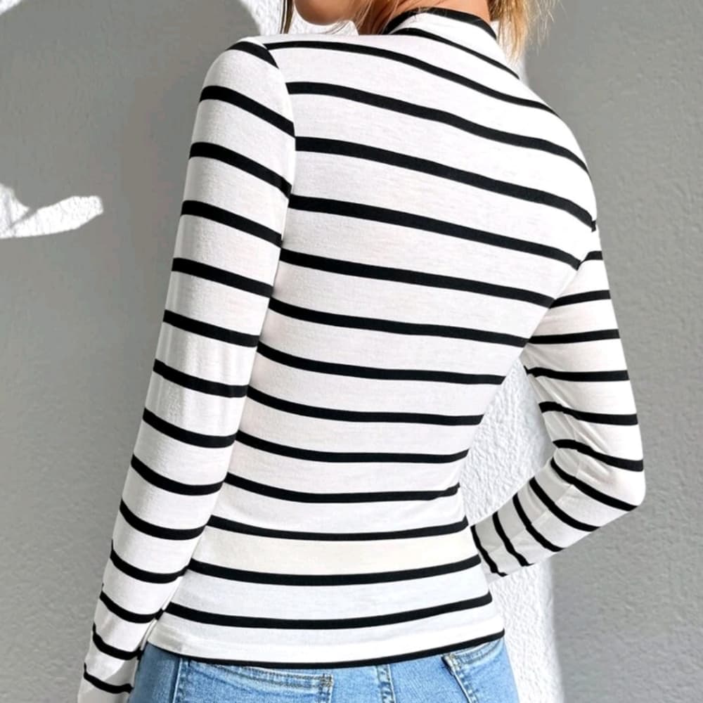 Black & White Unity Striped Print Mock Neck Tee - Thumbnail 3