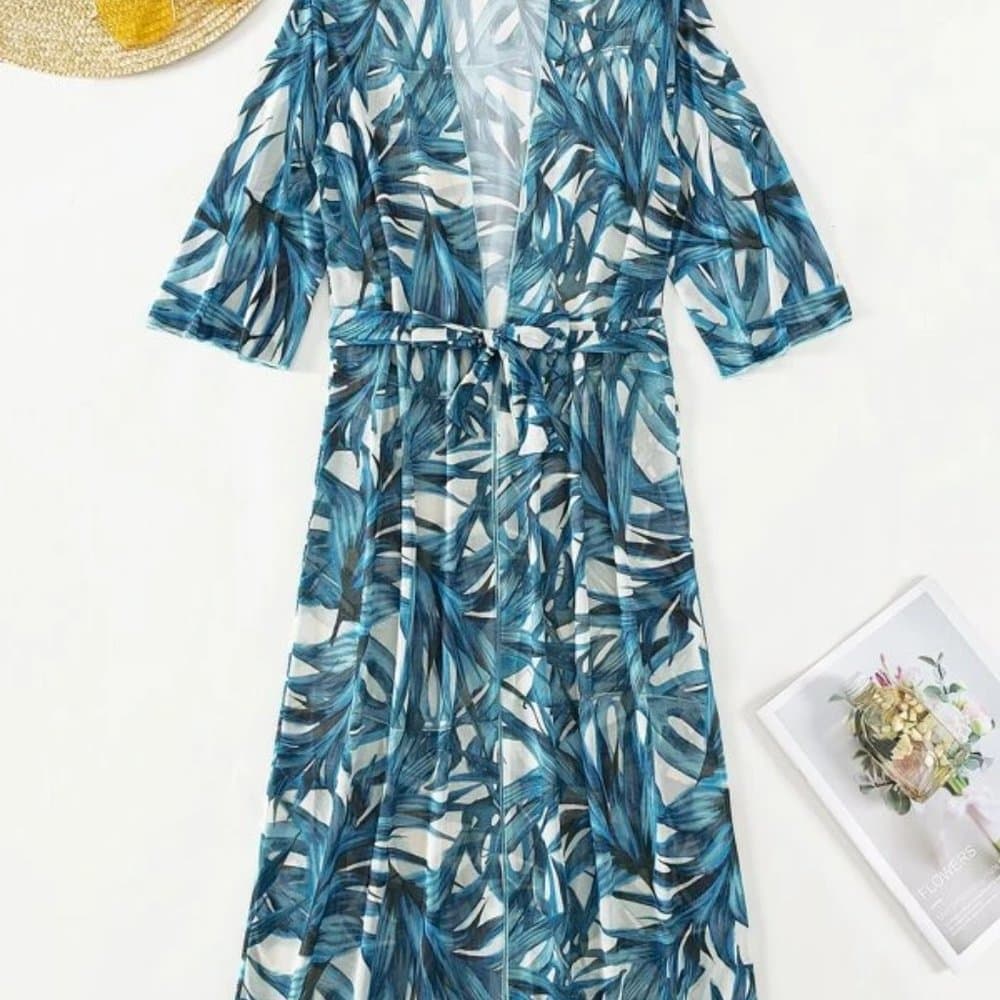 Blue Tropical Belted Kimono - Thumbnail 3