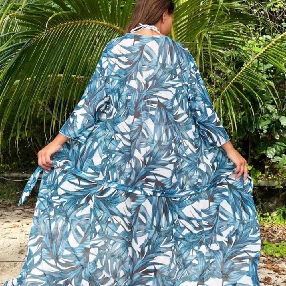 Blue Tropical Belted Kimono - Thumbnail 2