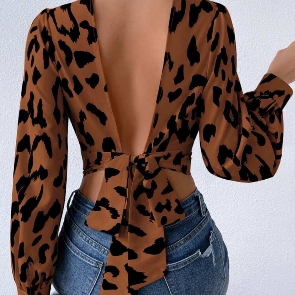 Allover Print Tie Backless Bishop Sleeve Crop Top - Thumbnail 3