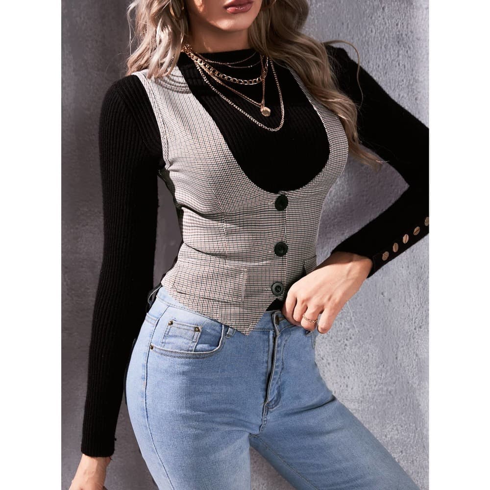 Unity 1pc Plaid Print Flap Detail Vest Blazer - Thumbnail 3