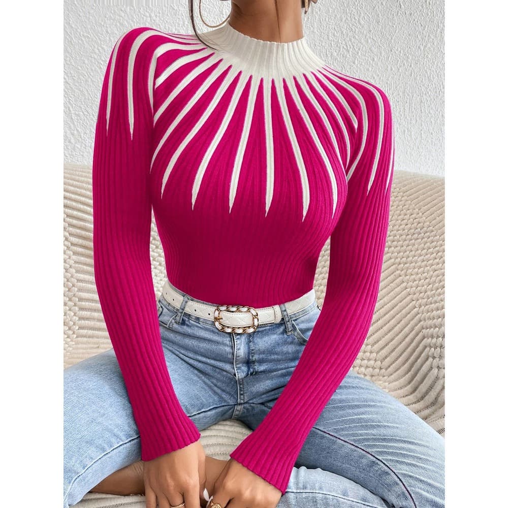 Colorblock Mock Neck Sweater Top - Thumbnail 5