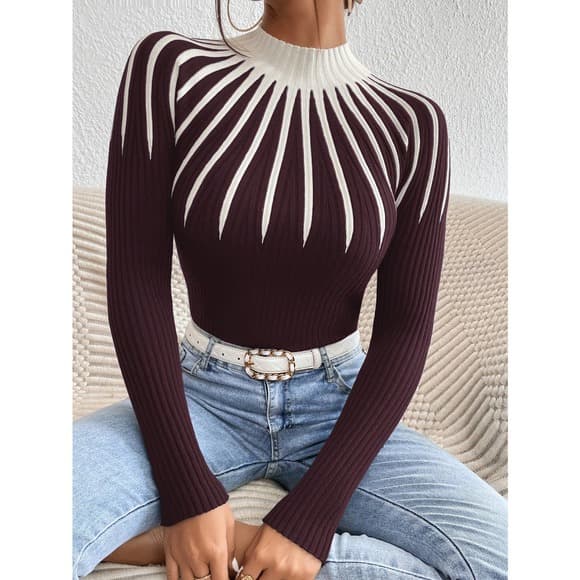 Colorblock Mock Neck Sweater Top - Thumbnail 12
