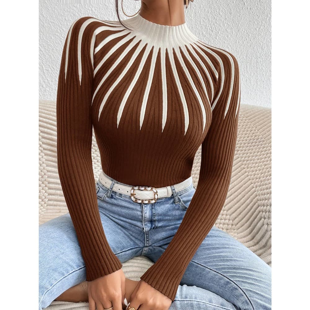 Colorblock Mock Neck Sweater Top - Thumbnail 8