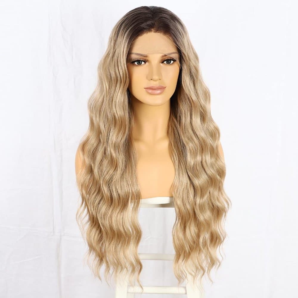 Ombre Lace Front Wig Long Wavy Synthetic Lace Wigs Dark Root 13x3 (Blonde) Ready - Thumbnail 4