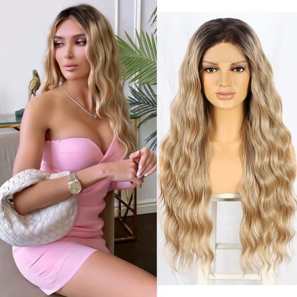 Ombre Lace Front Wig Long Wavy Synthetic Lace Wigs Dark Root 13x3 (Blonde) Ready - Thumbnail 6