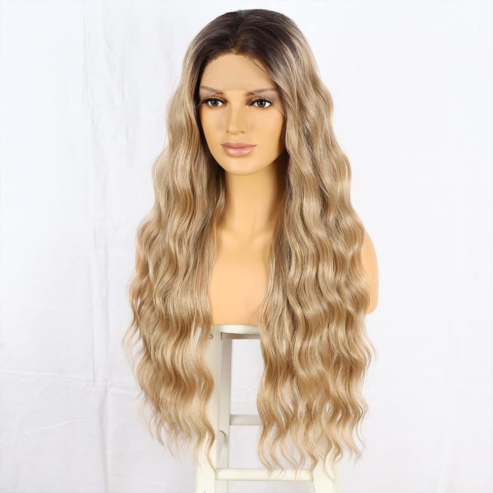 Ombre Lace Front Wig Long Wavy Synthetic Lace Wigs Dark Root 13x3 (Blonde) Ready - Thumbnail 2