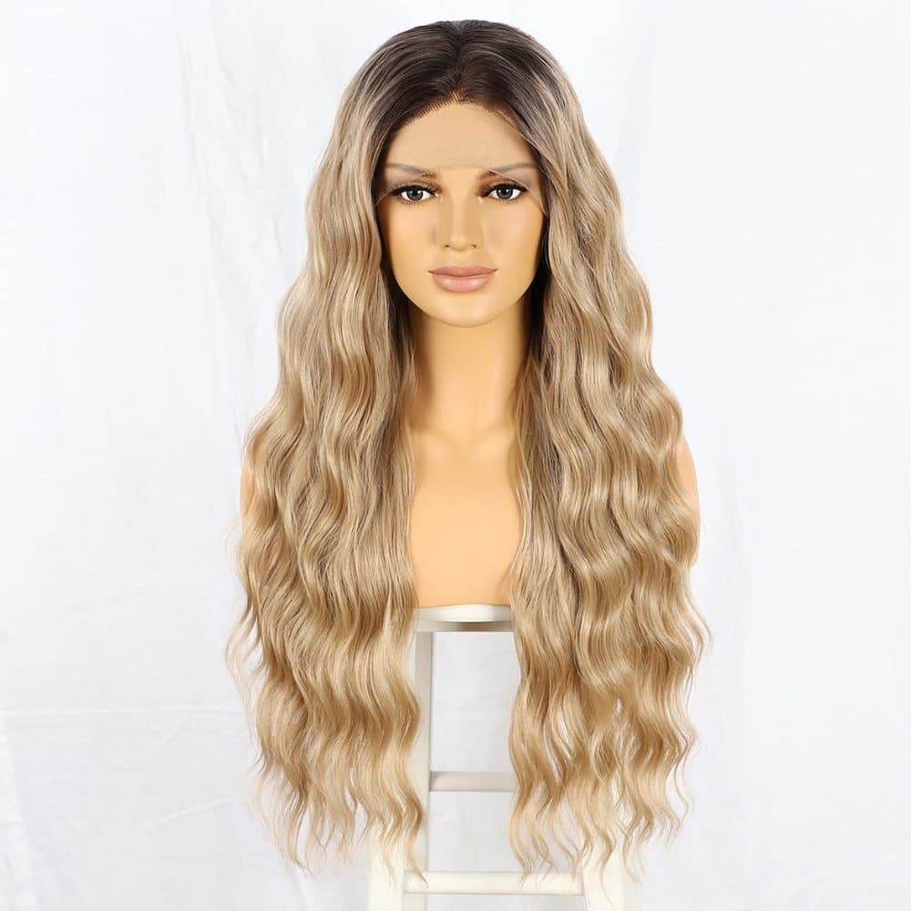 Ombre Lace Front Wig Long Wavy Synthetic Lace Wigs Dark Root 13x3 (Blonde) Ready