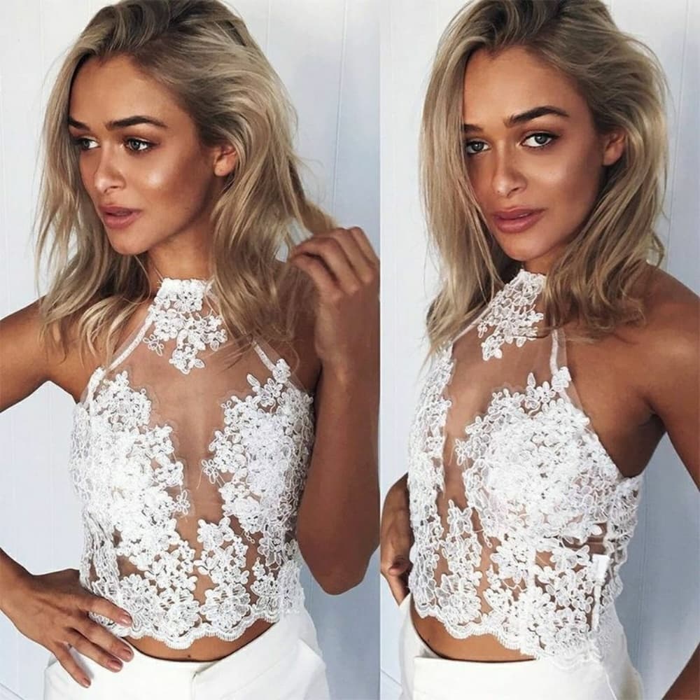 Halte Embroidery Mesh Overlay Floral Lace Crop - Thumbnail 2