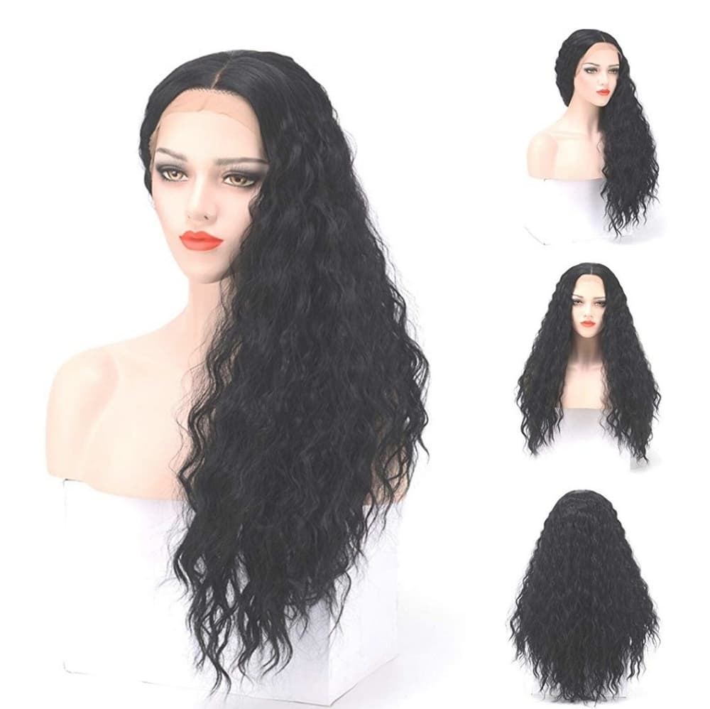 Black Curly Wavy Lace Front Wig - Thumbnail 6