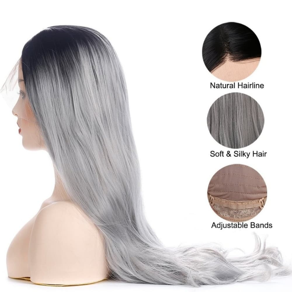 Ombre Black Gray Lace Front Wig - Thumbnail 2