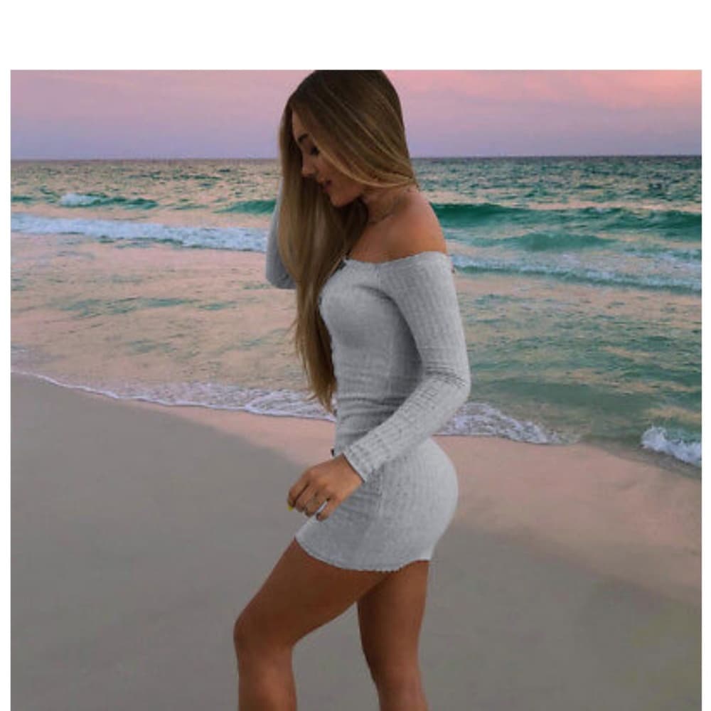 Bodycon Slim Off Shoulder Knitted Dress - Thumbnail 6