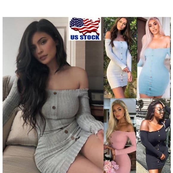 Bodycon Slim Off Shoulder Knitted Dress - Thumbnail 9
