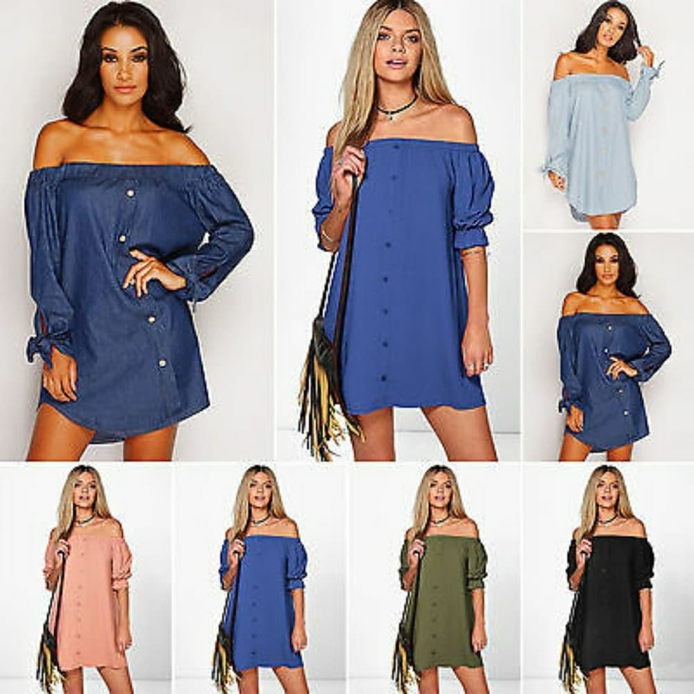 Beautiful Off Shoulder Denim Dress - Thumbnail 3