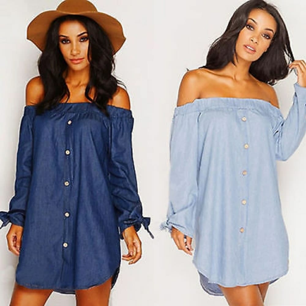 Beautiful Off Shoulder Denim Dress - Thumbnail 2