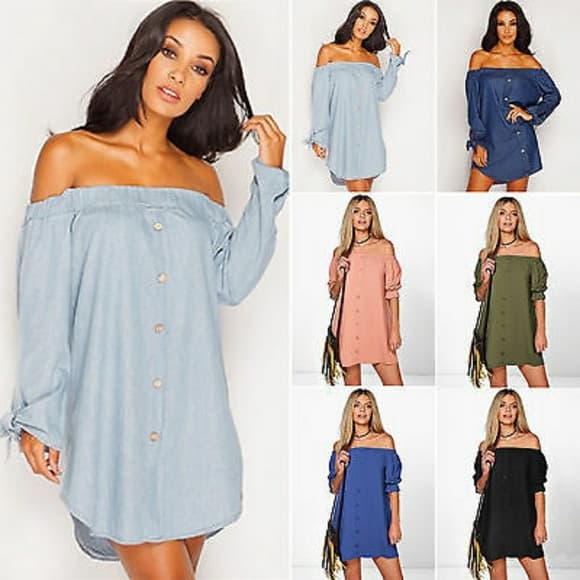 Beautiful Off Shoulder Denim Dress - Thumbnail 6