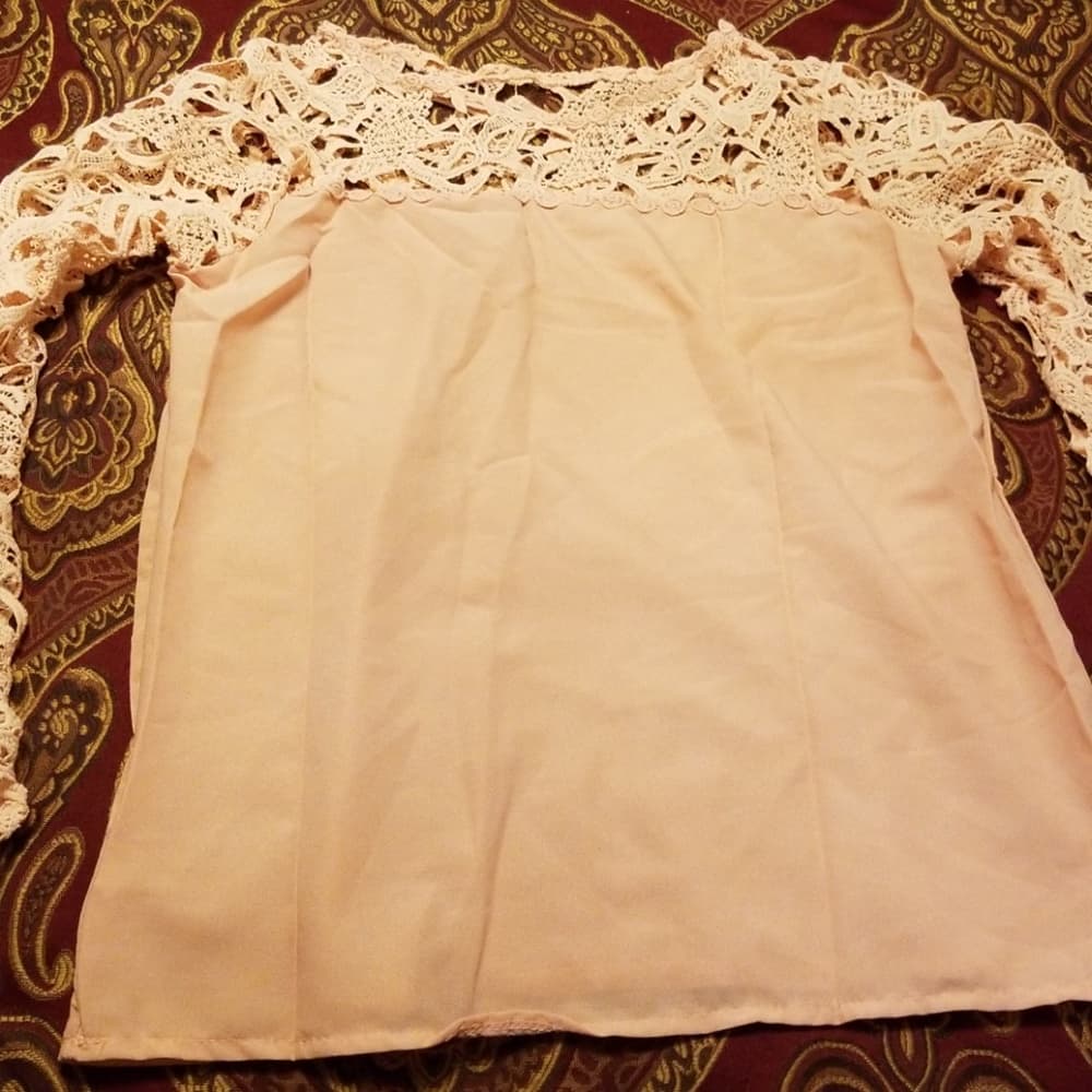 Women Peach Lace Casual Panel Longsleeve Blouse - Thumbnail 4