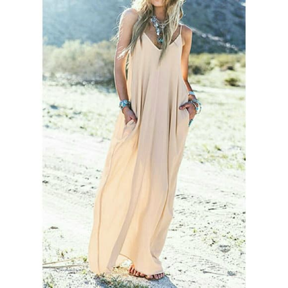 Deep V Neck Solid Maxi Dress Without Necklace Brac - Thumbnail 2