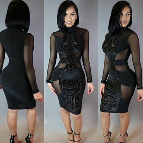 Black Sexy Long Sleeve Cockyail Dress - Thumbnail 4