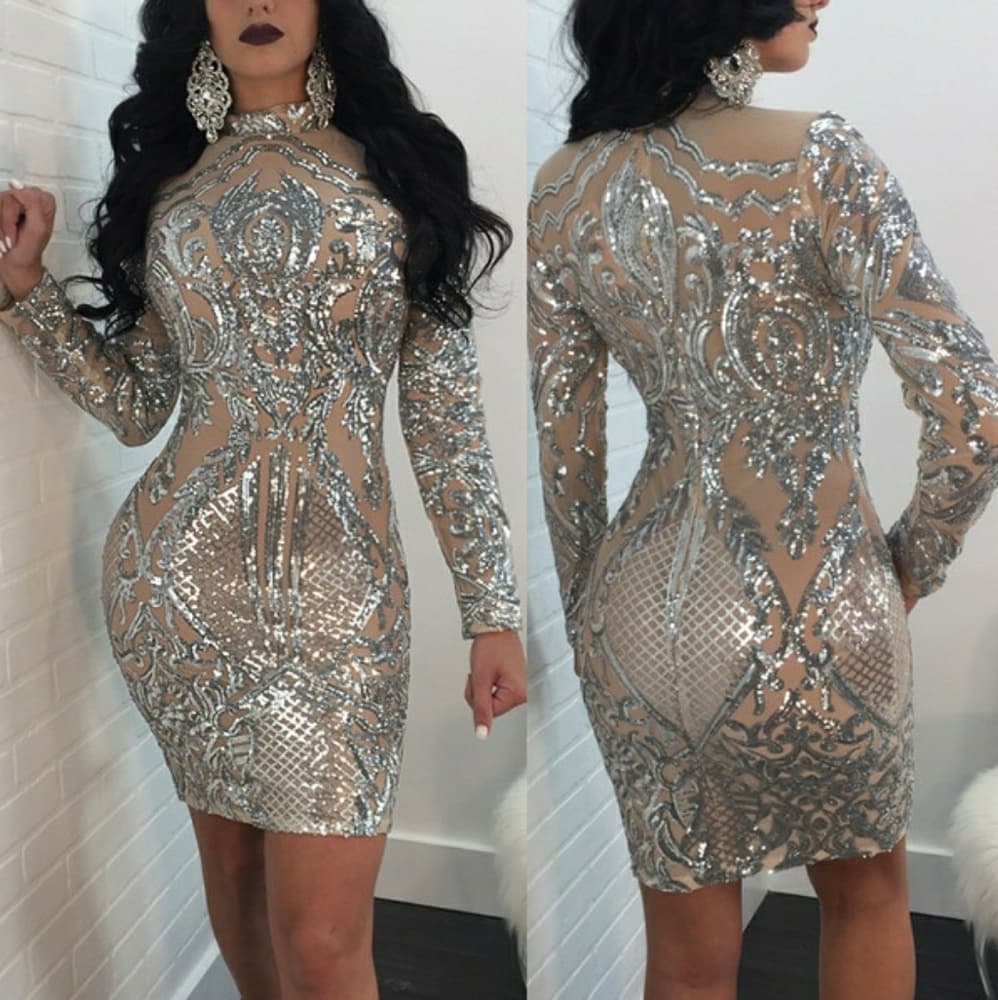 Silver Perspective Sequined Wrap Dress - Thumbnail 5