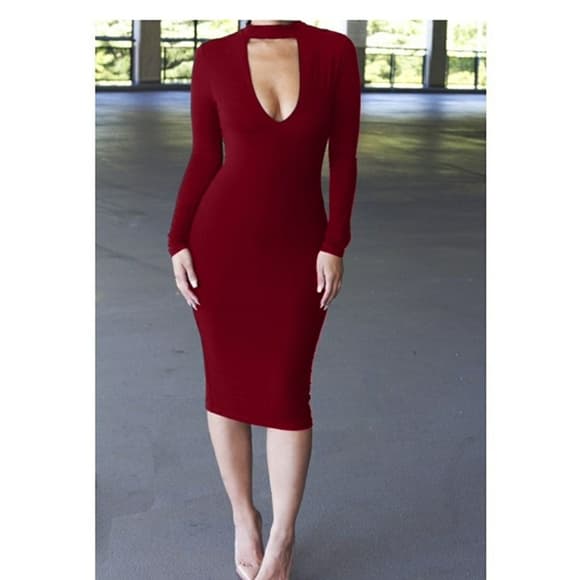 Red Sexy Beauty V-Neck Dress - Thumbnail 5