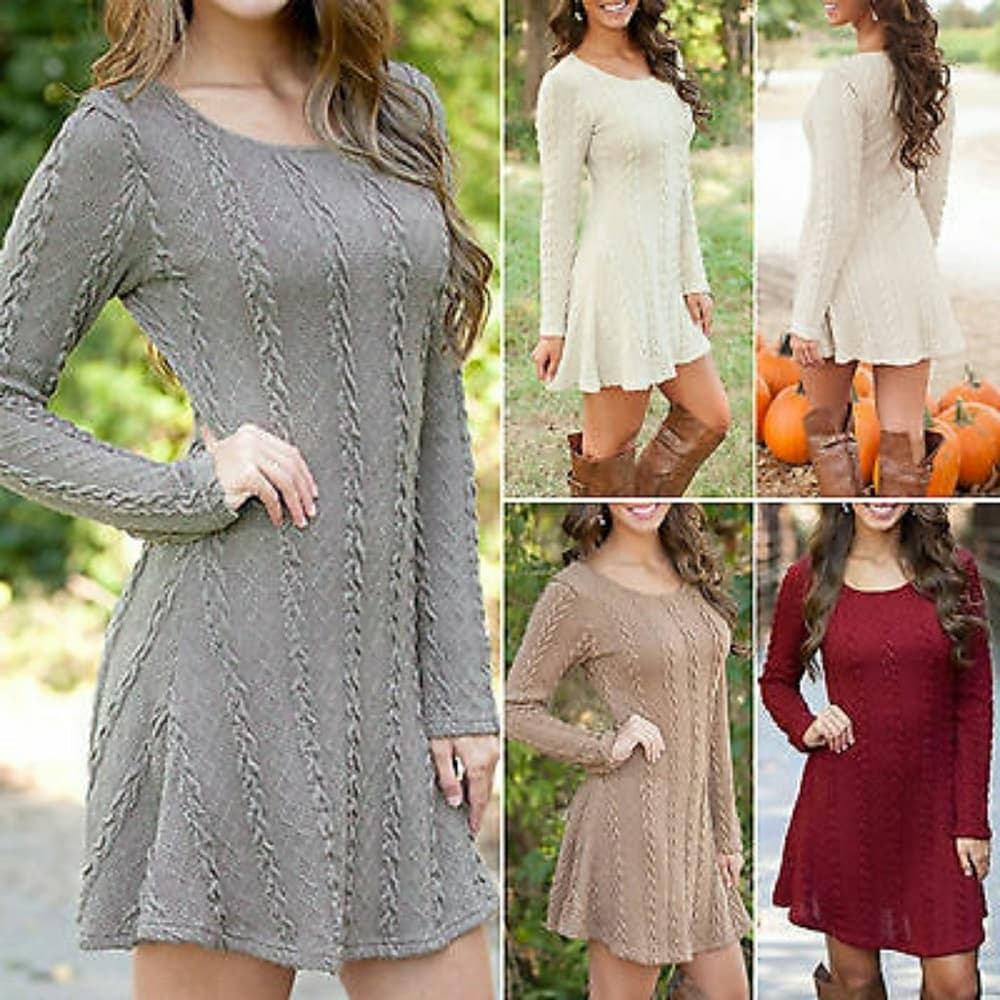 Women's winter Long Sleeve Sweater Mini Dress - Thumbnail 4