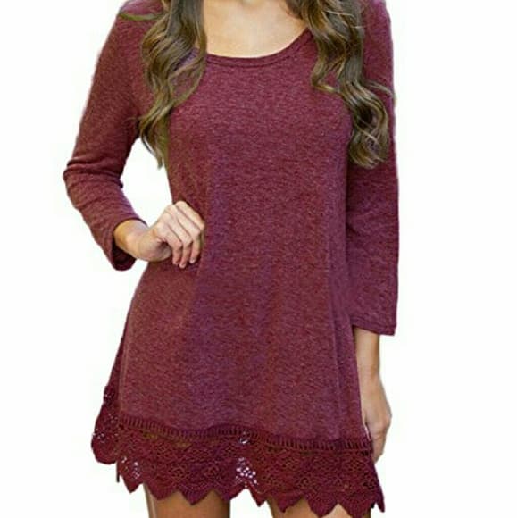 Long Sleeve A-line Lace Stitching Trim Casual Dres - Thumbnail 3