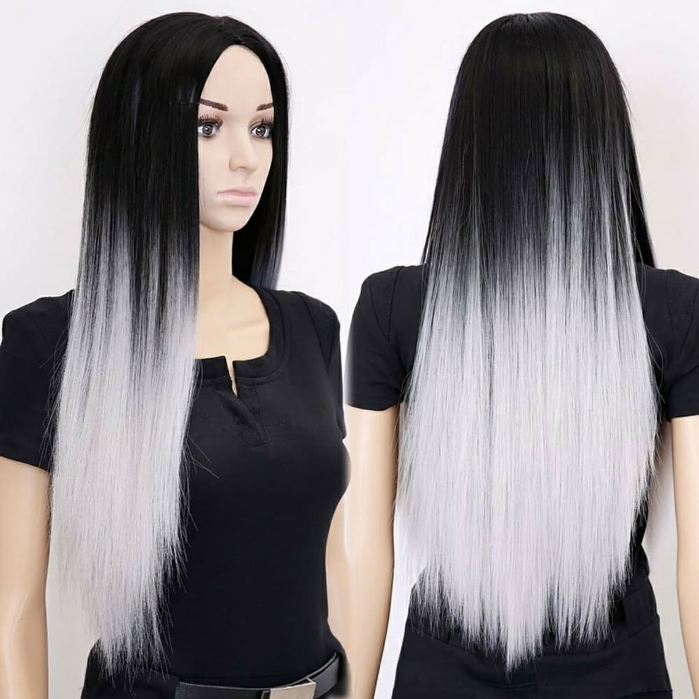 Ombre Black Gray Wig 28 inches - Thumbnail 4