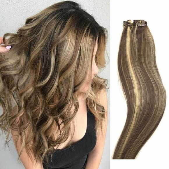 Brown Blonde Full Head Human Clip in Extension - Thumbnail 3