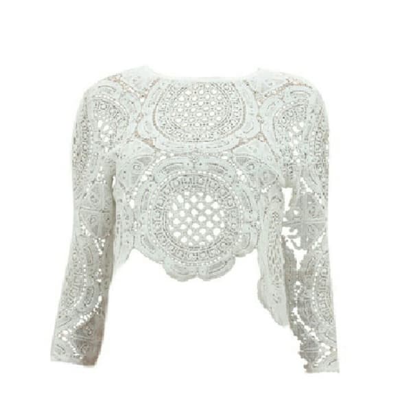 White Sexy Lace Hollow Crop Long Sleeve Top - Thumbnail 2