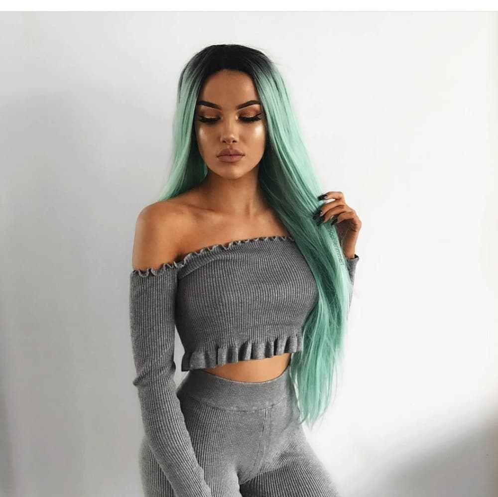 Ombre Black Mint Green LaceFront Wig 22-24inches - Thumbnail 6