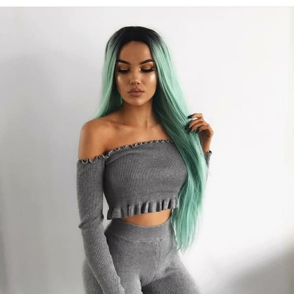 Ombre Black Mint Green LaceFront Wig 22-24inches - Thumbnail 7