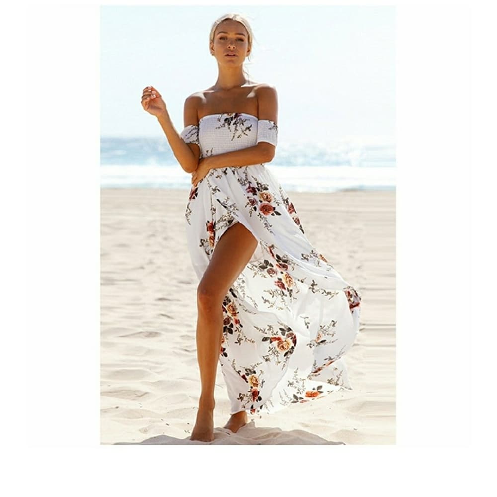 Boho Style Off Shoulder Beach Summer Long Dress - Thumbnail 6