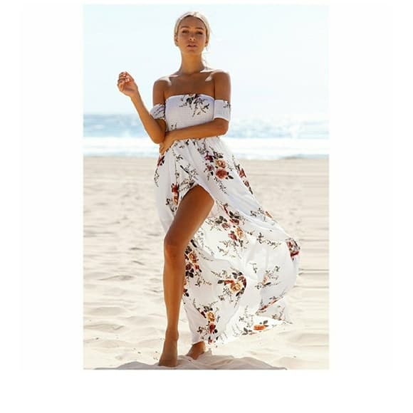 Boho Style Off Shoulder Beach Summer Long Dress - Thumbnail 7