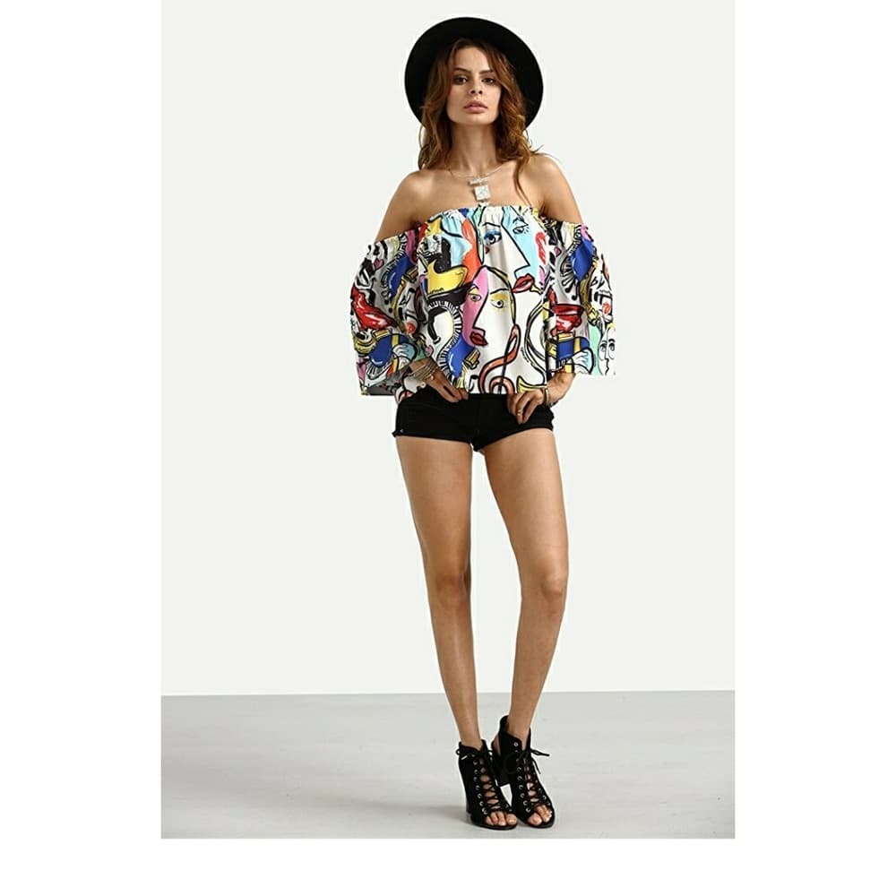 Multicolor Off Shouldercute Crop Top - Thumbnail 2