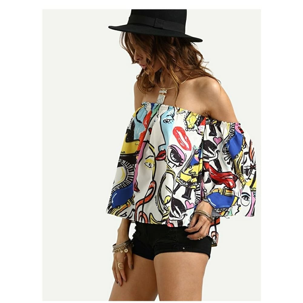 Multicolor Off Shouldercute Crop Top - Thumbnail 5
