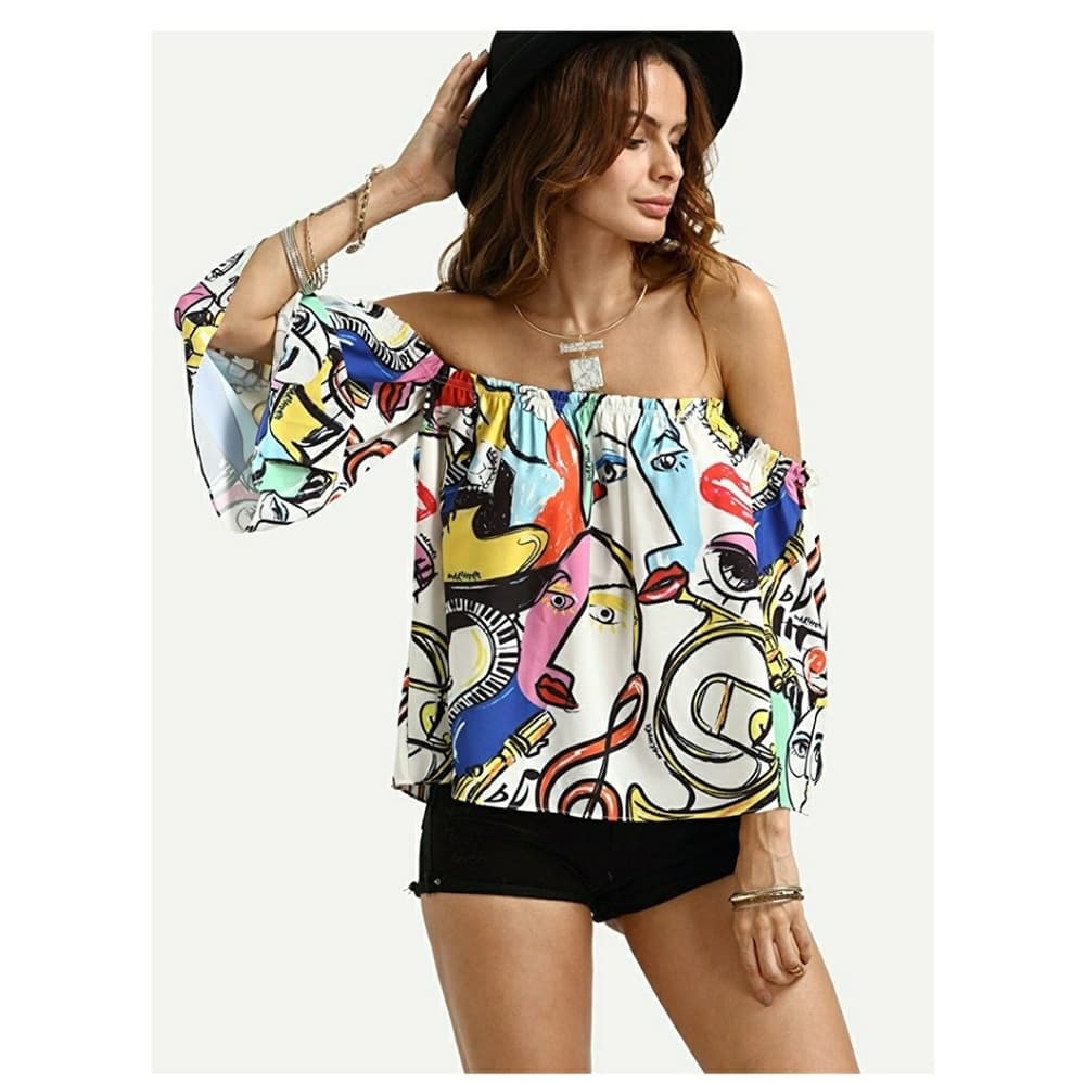 Multicolor Off Shouldercute Crop Top - Thumbnail 6