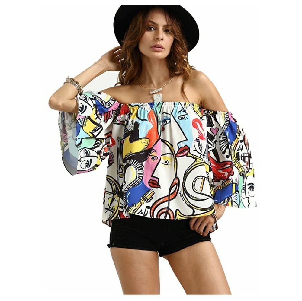 Multicolor Off Shouldercute Crop Top - Thumbnail 3
