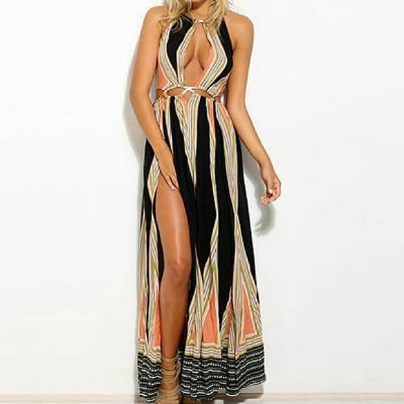 Color Woven Rop Cut Out High Slit Open Front Long - Thumbnail 2
