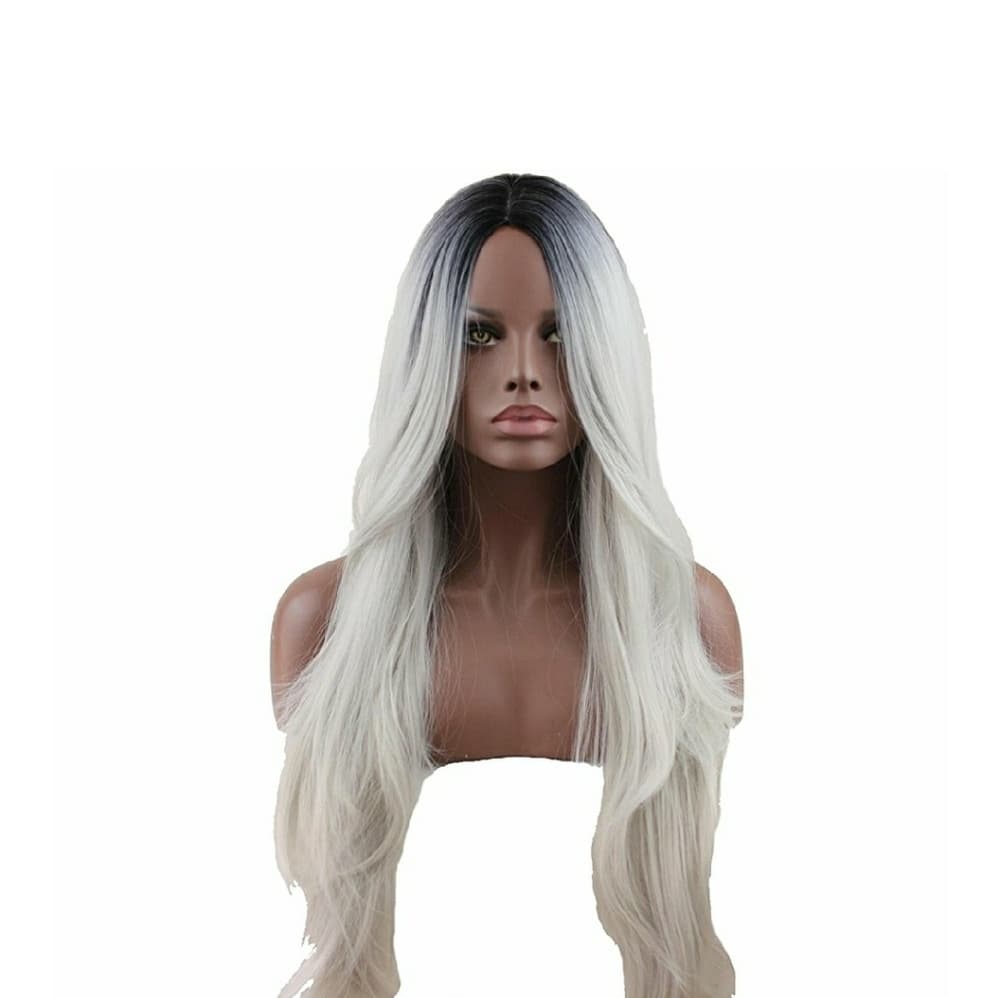 Ombre Black Roots Gray Straight Wave Wig