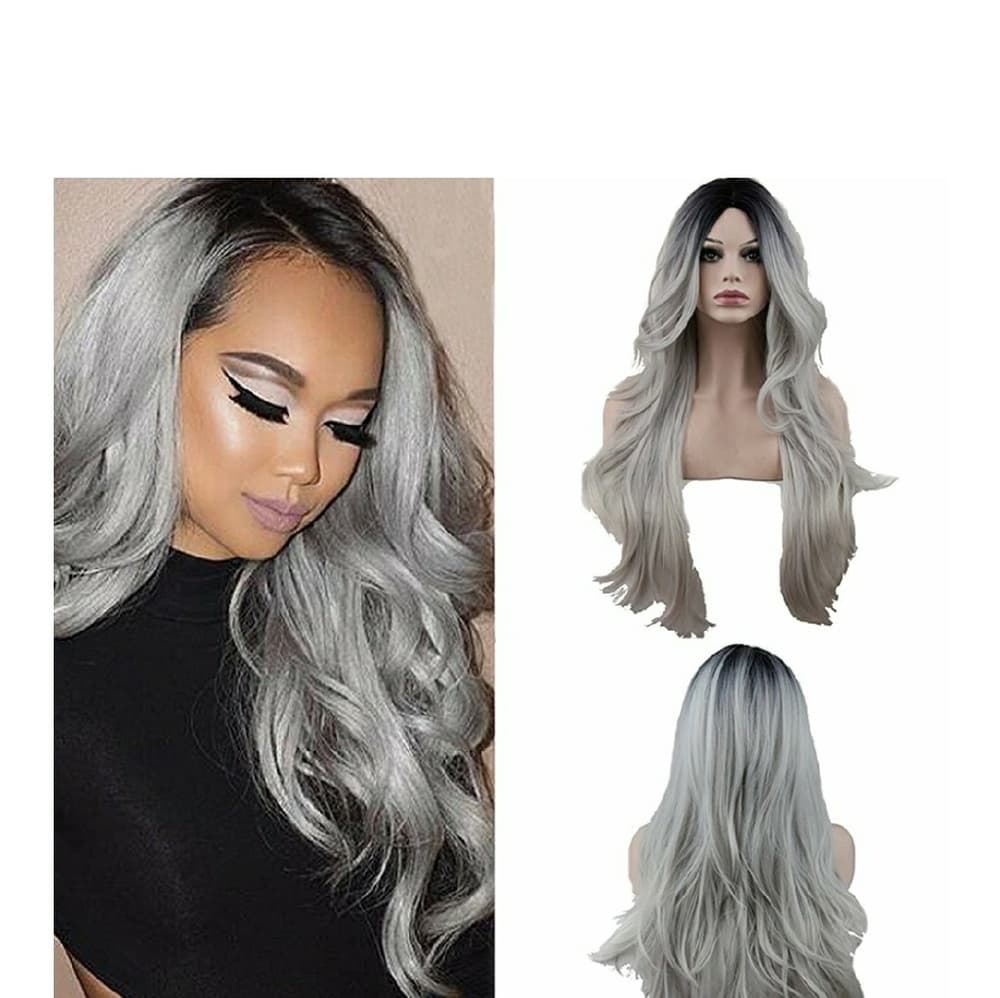 Ombre Black Roots Gray Straight Wave Wig - Thumbnail 8