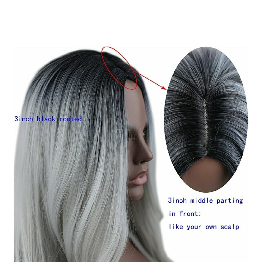 Ombre Black Roots Gray Straight Wave Wig - Thumbnail 4