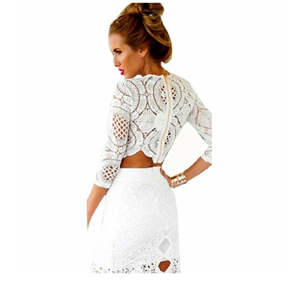 Sexy Lace Hollow Crop Tops Long Sleeve Zipper Blou - Thumbnail 2