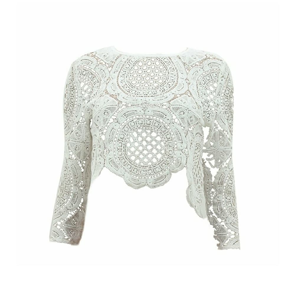 Sexy Lace Hollow Crop Tops Long Sleeve Zipper Blou - Thumbnail 3