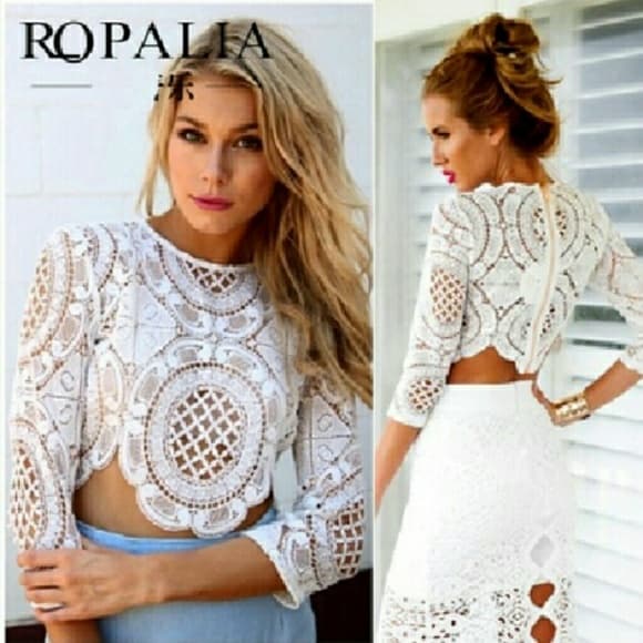 Sexy Lace Hollow Crop Tops Long Sleeve Zipper Blou - Thumbnail 6