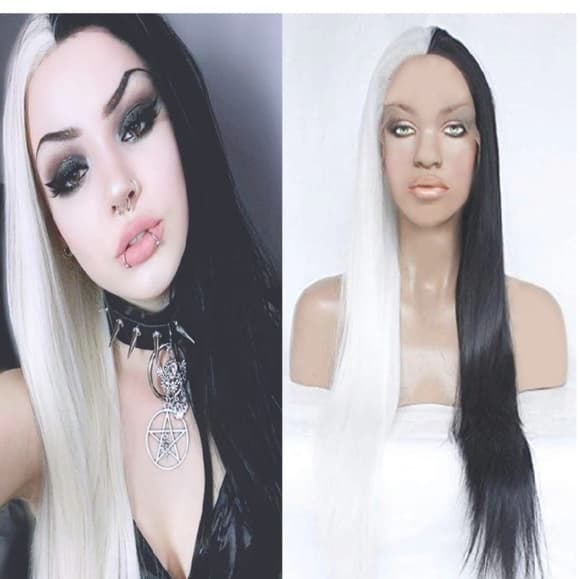 White Black Lace Front Wig - Thumbnail 2