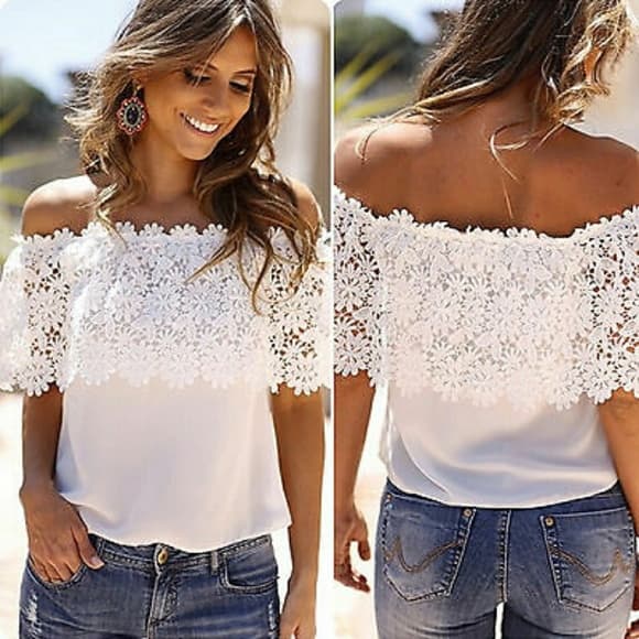 White Chiffon Off Shoulder Top - Thumbnail 5
