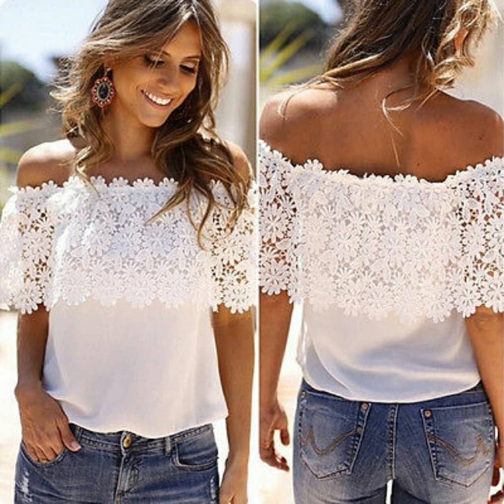 White Chiffon Off Shoulder Top - Thumbnail 2