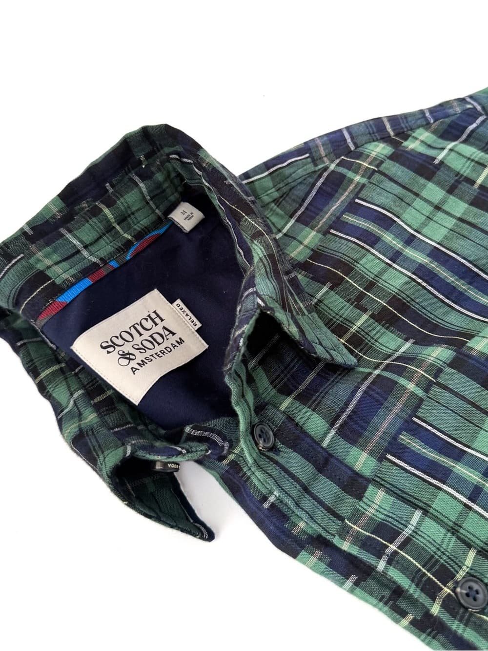 NEW Scotch & Soda Madras Button Down Plaid Shirt Mens M Navy Green Cotton - Thumbnail 7